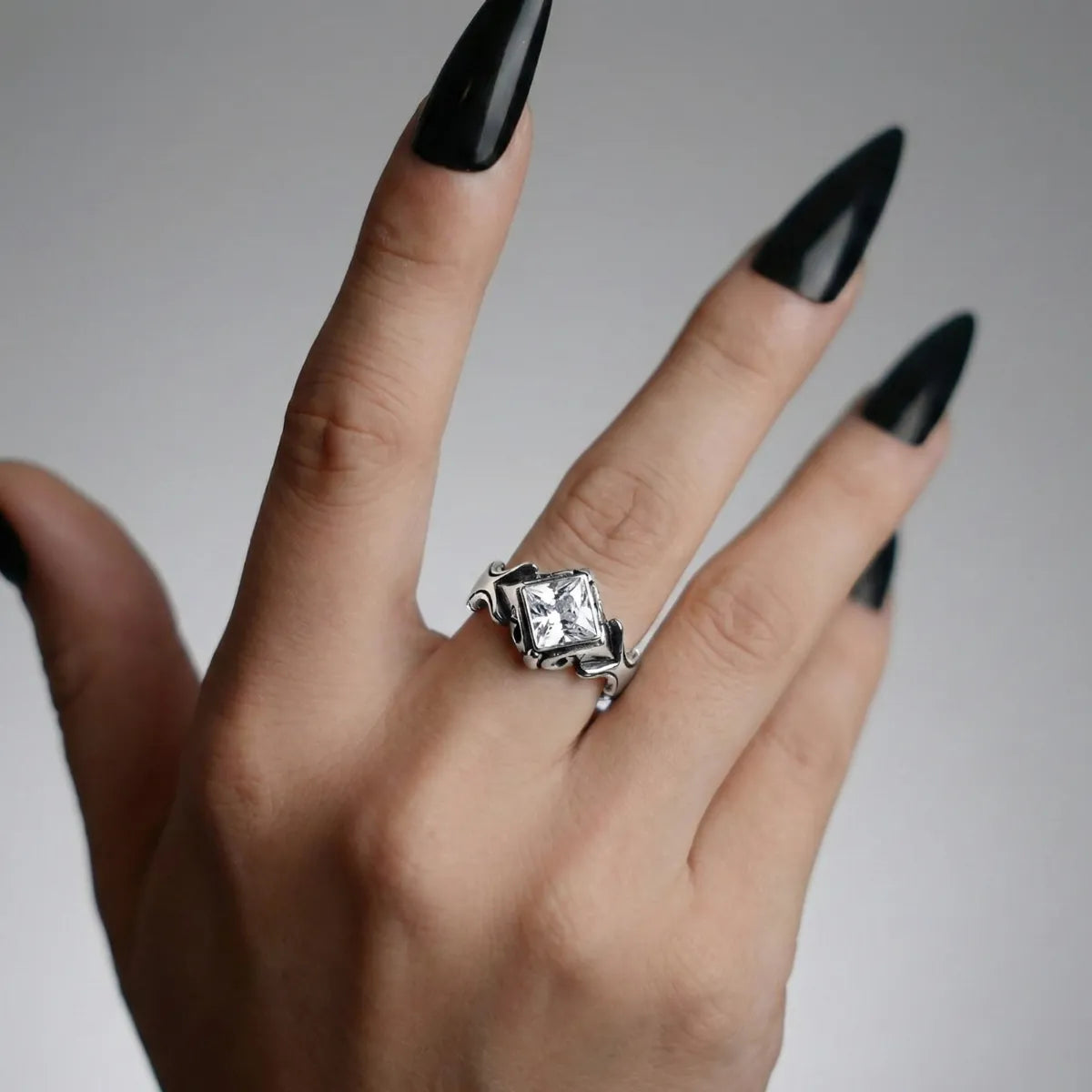 Gothic Princess Cut White Crystal Ring Worn by Female Model