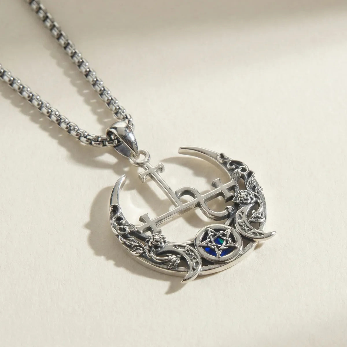 Gothic Rose Crescent Moon Lilith Sigil Necklace with Opal Pentagram Close Up