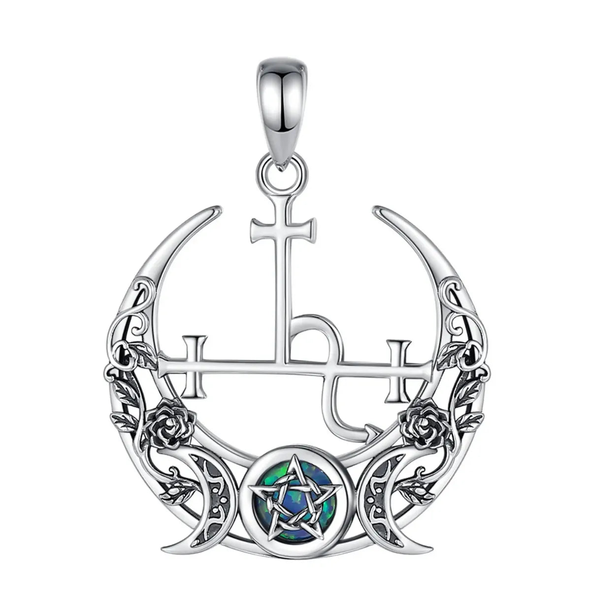 Gothic Rose Crescent Moon Lilith Sigil Necklace with Opal Pentagram Pendant Only