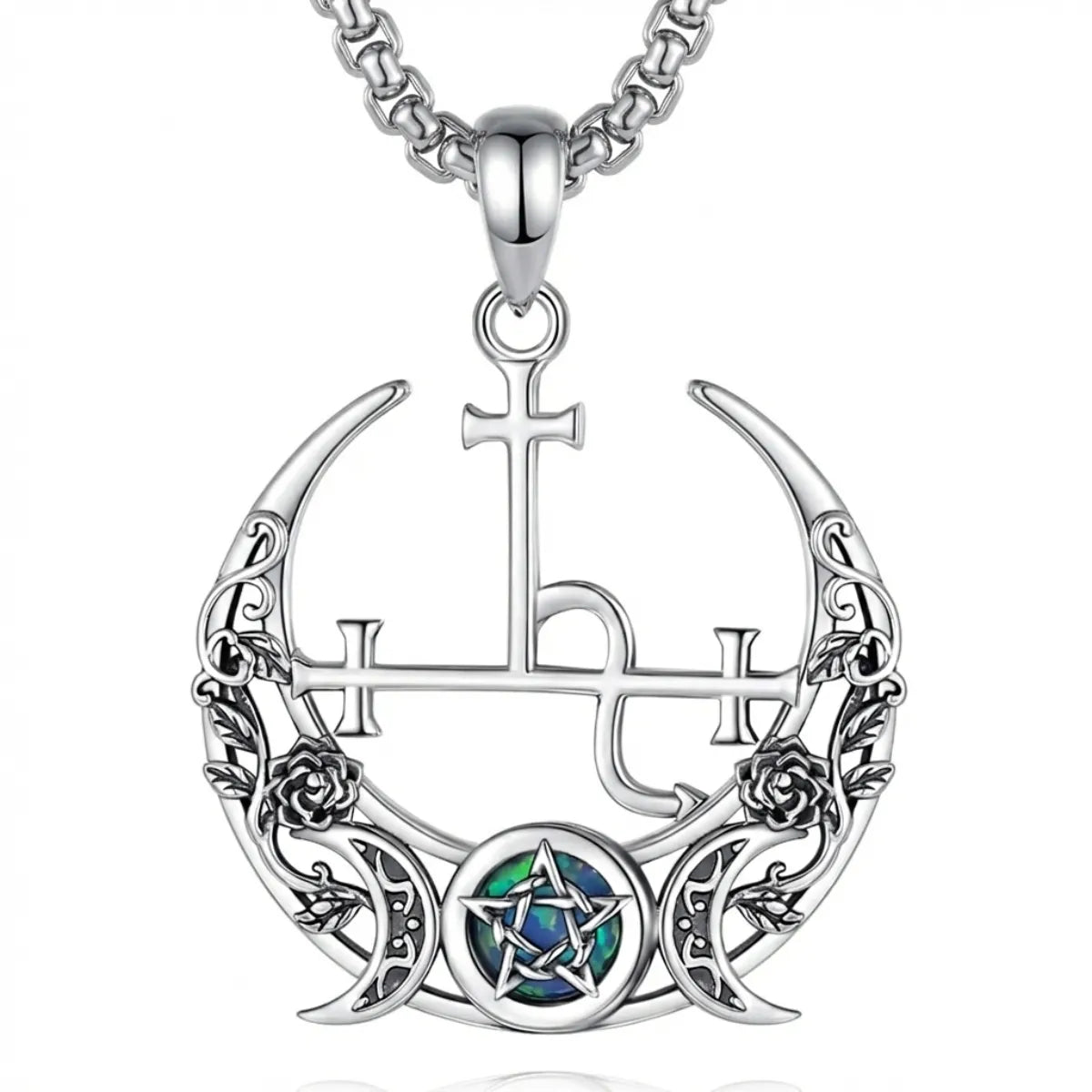 Gothic Rose Crescent Moon Lilith Sigil Necklace with Opal Pentagram with 55cm Stainless Steel Chain