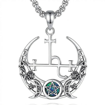 Gothic Rose Crescent Moon Lilith Sigil Necklace with Opal Pentagram with 55cm Stainless Steel Chain
