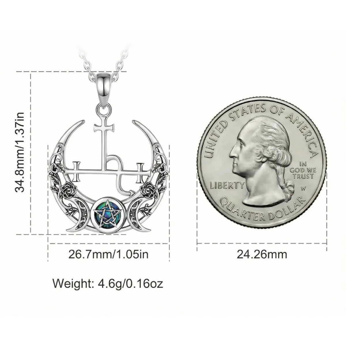 Gothic Rose Crescent Moon Lilith Sigil Necklace with Opal Pentagram Size Comparison