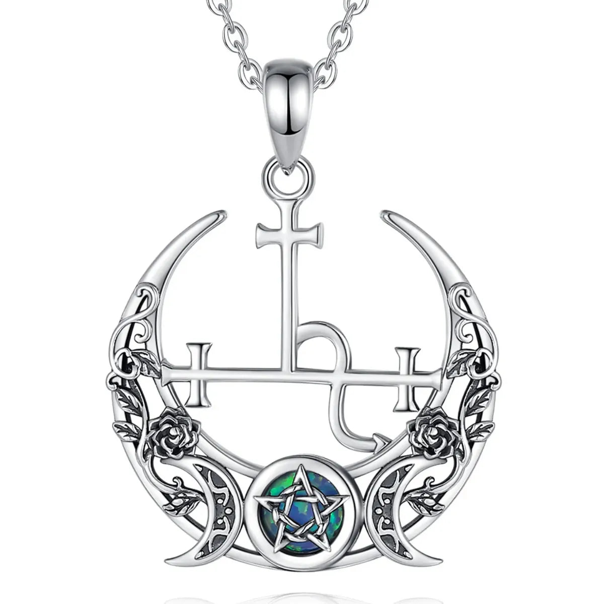 Gothic Rose Crescent Moon Lilith Sigil Necklace with Opal Pentagram with 18inch Chain