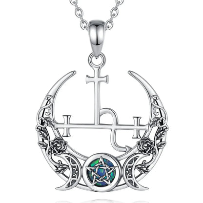 Gothic Rose Crescent Moon Lilith Sigil Necklace with Opal Pentagram with 18inch Chain