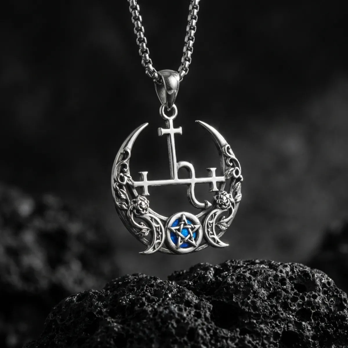 Gothic Rose Crescent Moon Lilith Sigil Necklace with Opal Pentagram
