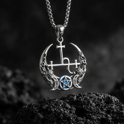 Gothic Rose Crescent Moon Lilith Sigil Necklace with Opal Pentagram