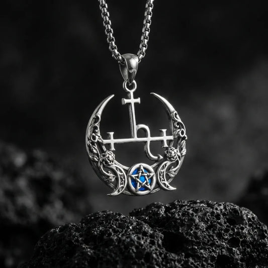 Gothic Rose Crescent Moon Lilith Sigil Necklace with Opal Pentagram