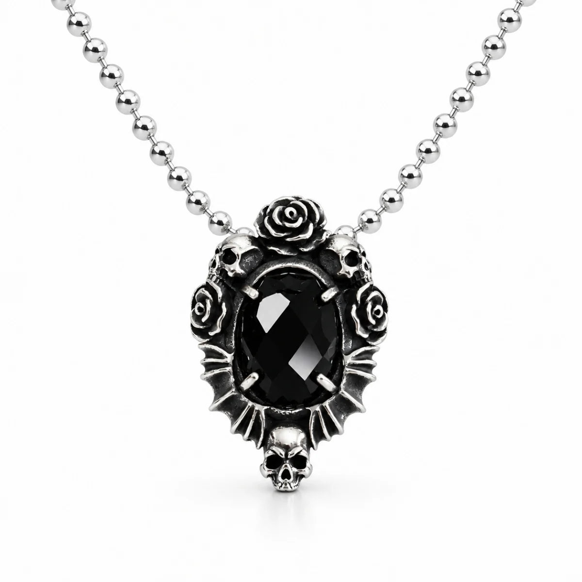 Gothic Rose Necklace Stainless Steel Front View White Background