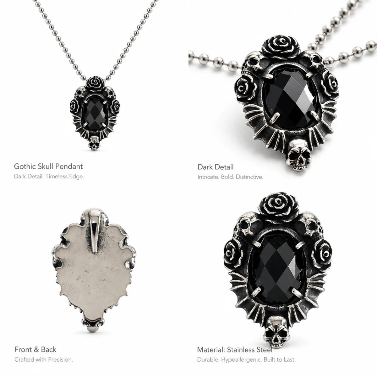 Gothic Rose Necklace Stainless Steel Multi Angle Product Feature Showcase