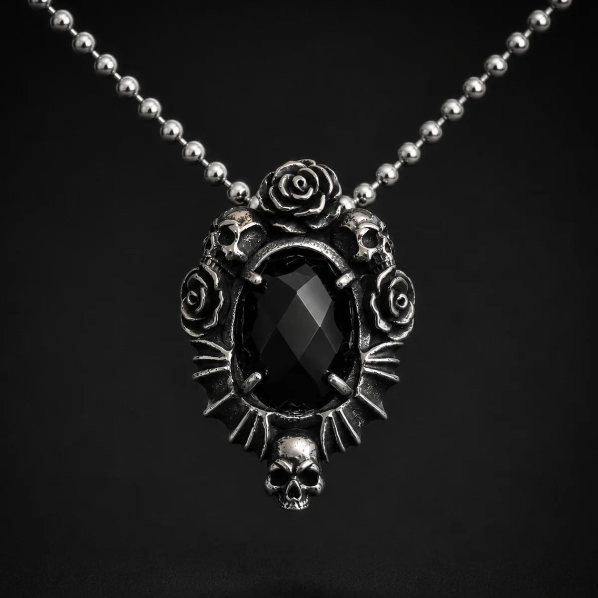 Gothic Rose Necklace Stainless Steel Pendant Close Up Black Background