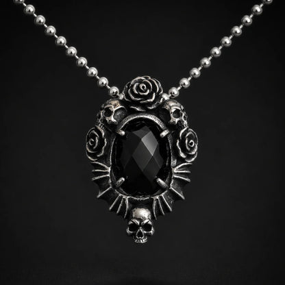 Gothic Rose Necklace Stainless Steel Pendant Close Up Black Background