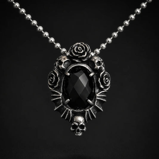 Gothic Rose Necklace Stainless Steel Pendant Close Up Black Background