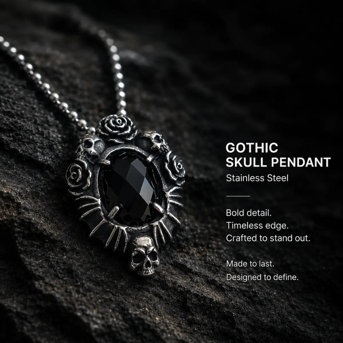 Gothic Rose Necklace Stainless Steel Pendant Displayed on Stone Surface
