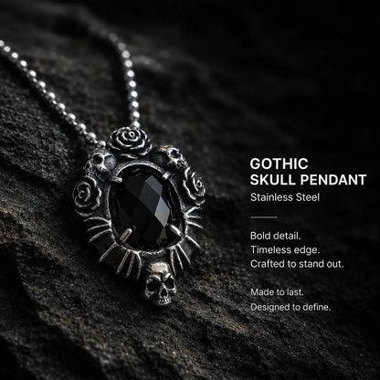 Gothic Rose Necklace Stainless Steel Pendant Displayed on Stone Surface