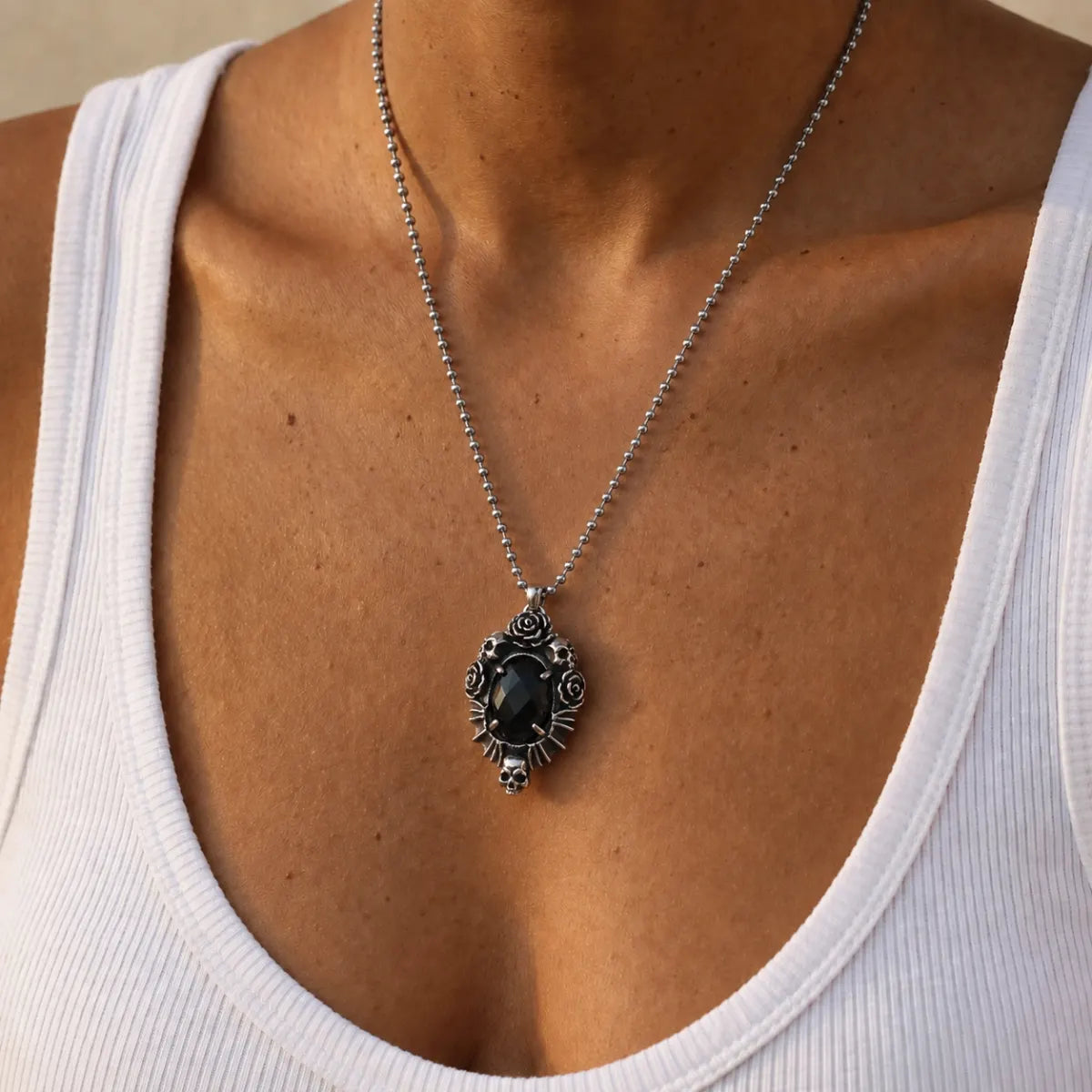 Gothic Rose Necklace Stainless Steel Worn by Model Chest View