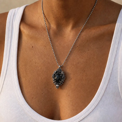 Gothic Rose Necklace Stainless Steel Worn by Model Chest View