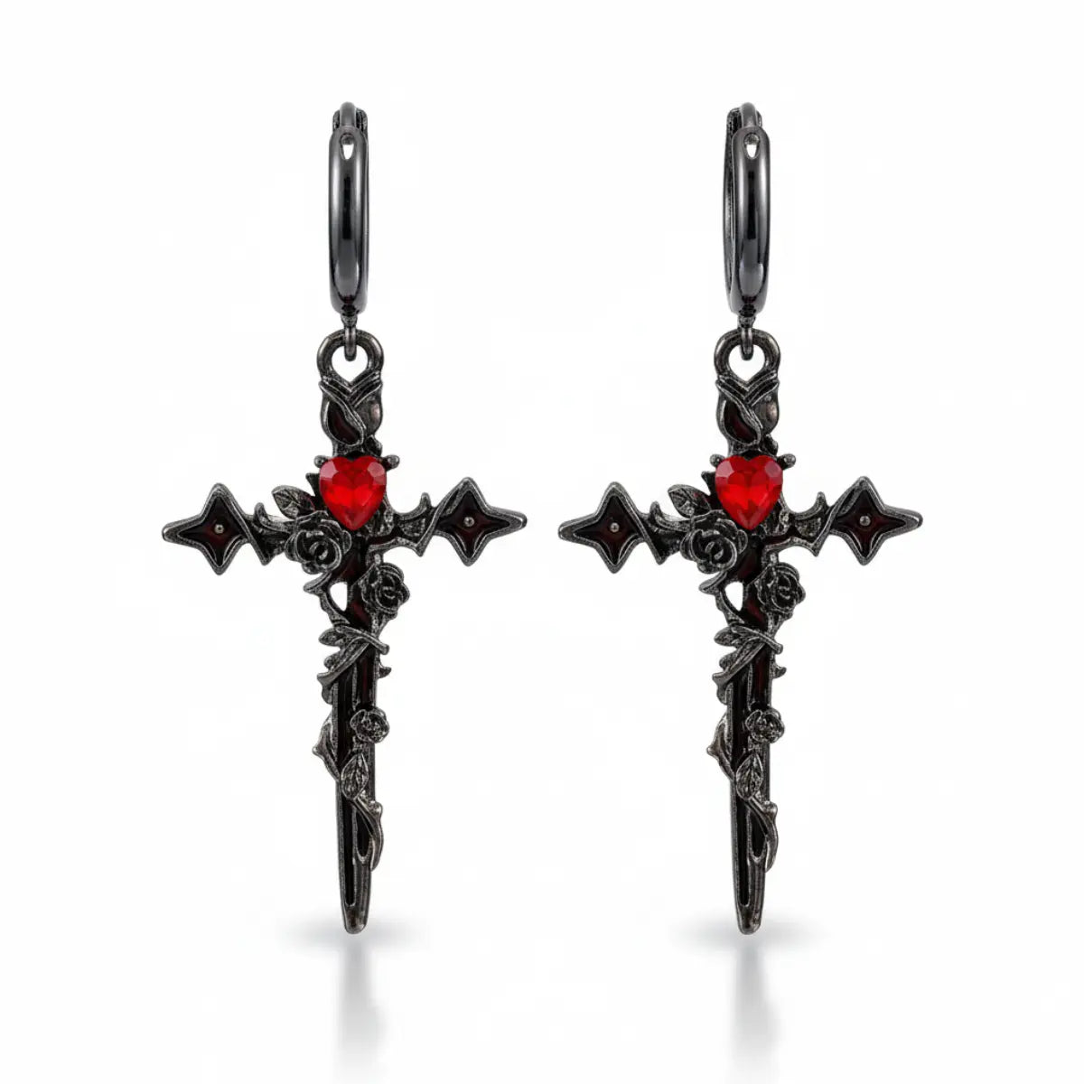 Gothic Rose and Thorn Cross Earrings Front