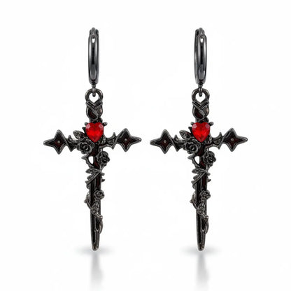 Gothic Rose and Thorn Cross Earrings Front