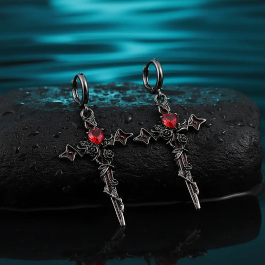Gothic Rose and Thorn Cross Earrings
