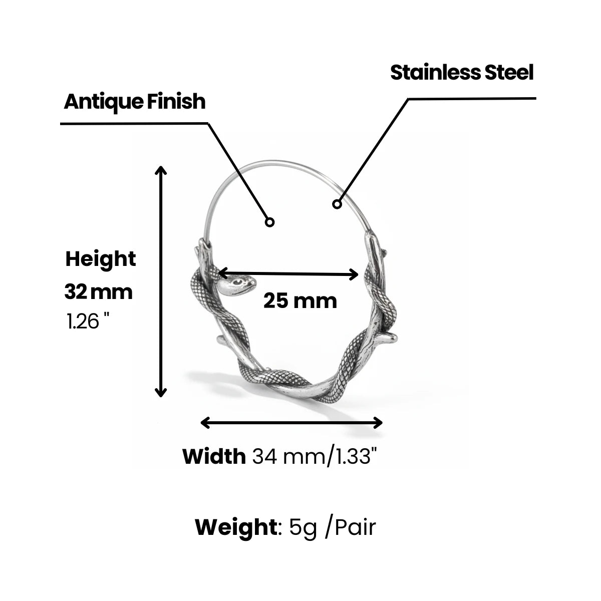 Gothic Snake Hoop Earrings Dimensions and Weight
