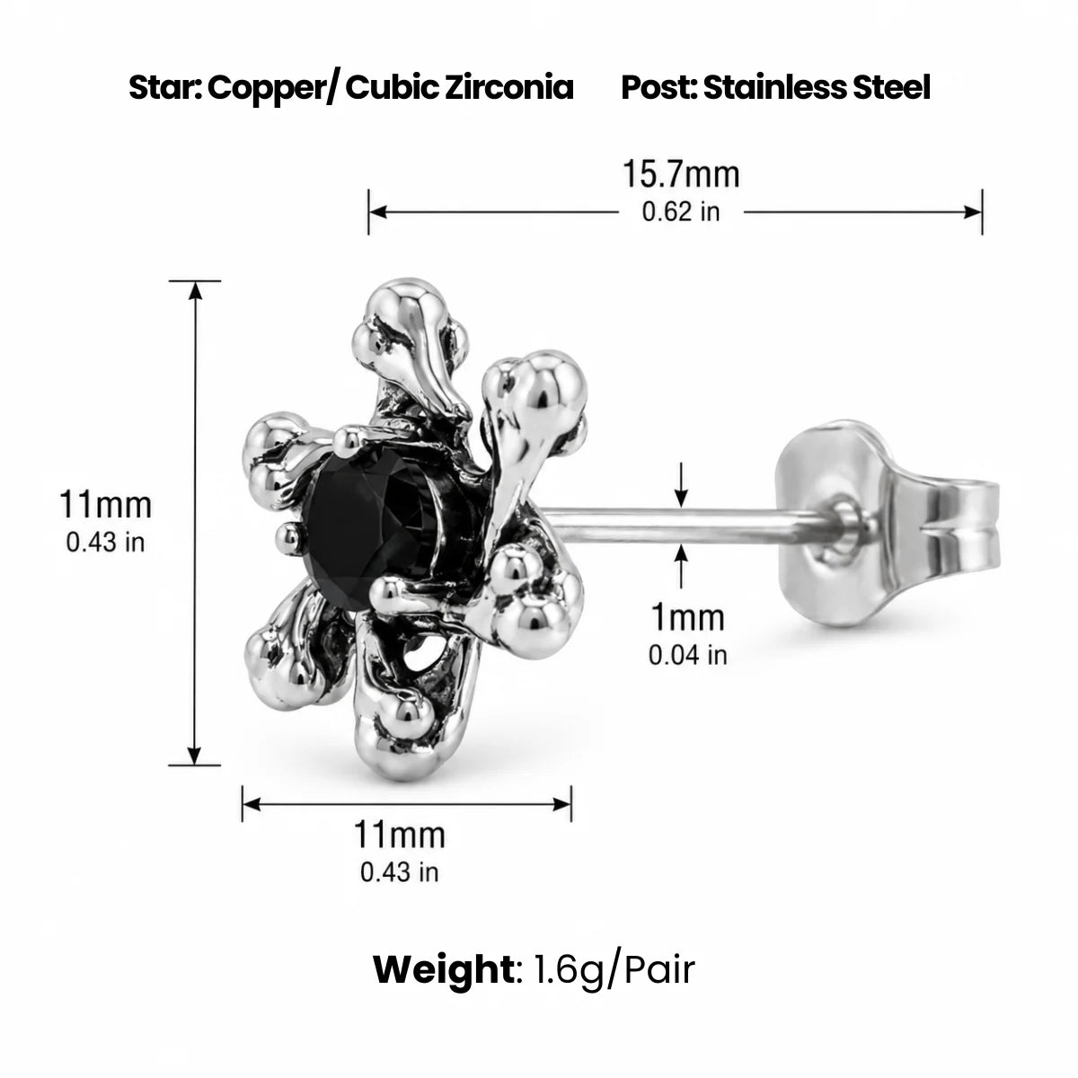 Gothic Star Stud Earrings Dimensions and Weight