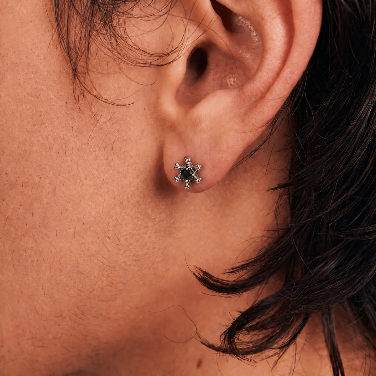 Gothic Star Stud Earrings Worn by Male Model