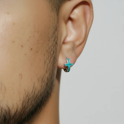 Gravel Inlay Cross Huggie Hoop Earrings Worn by Male Model