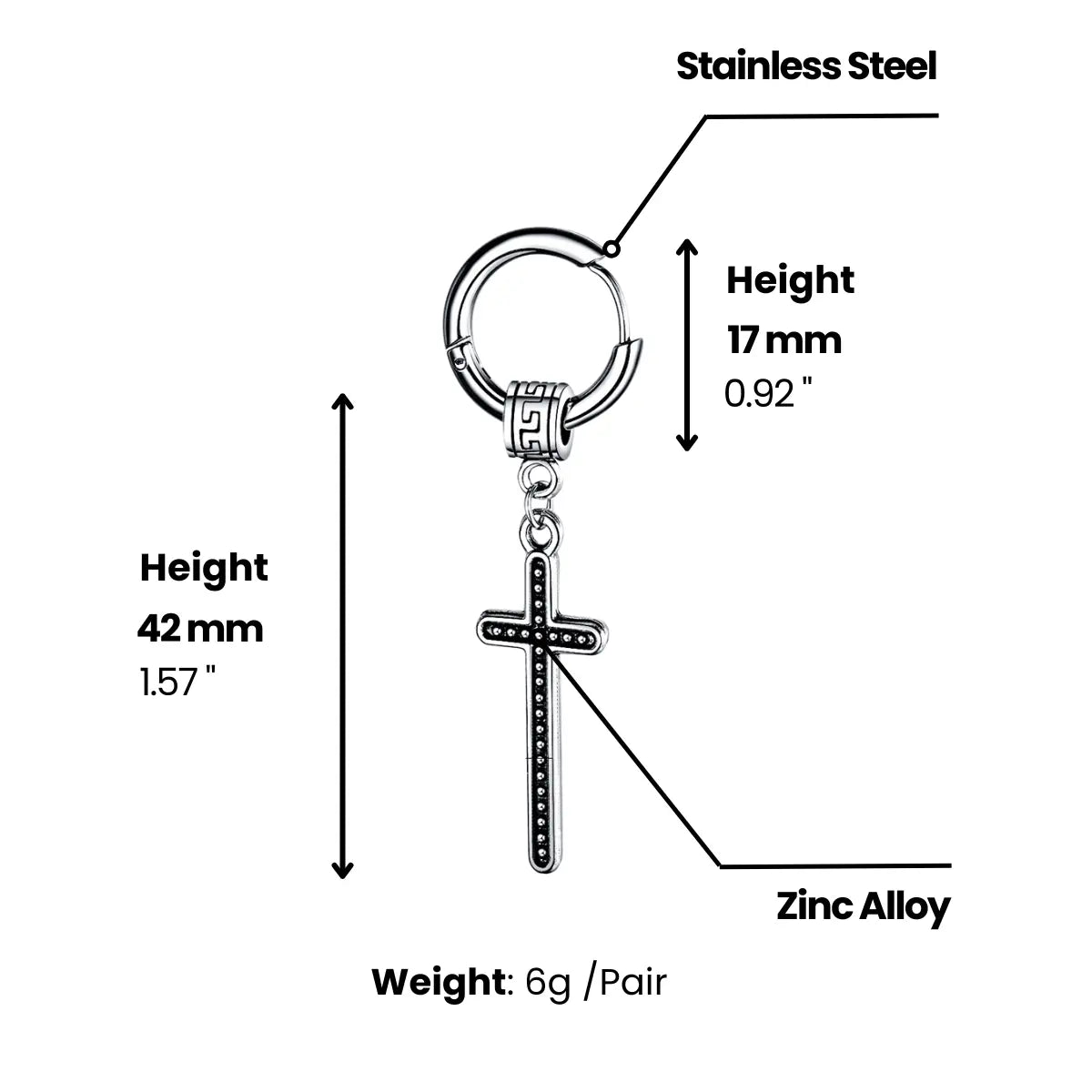 Greek Key Cross Dangle Earrings Dimensions and Weight