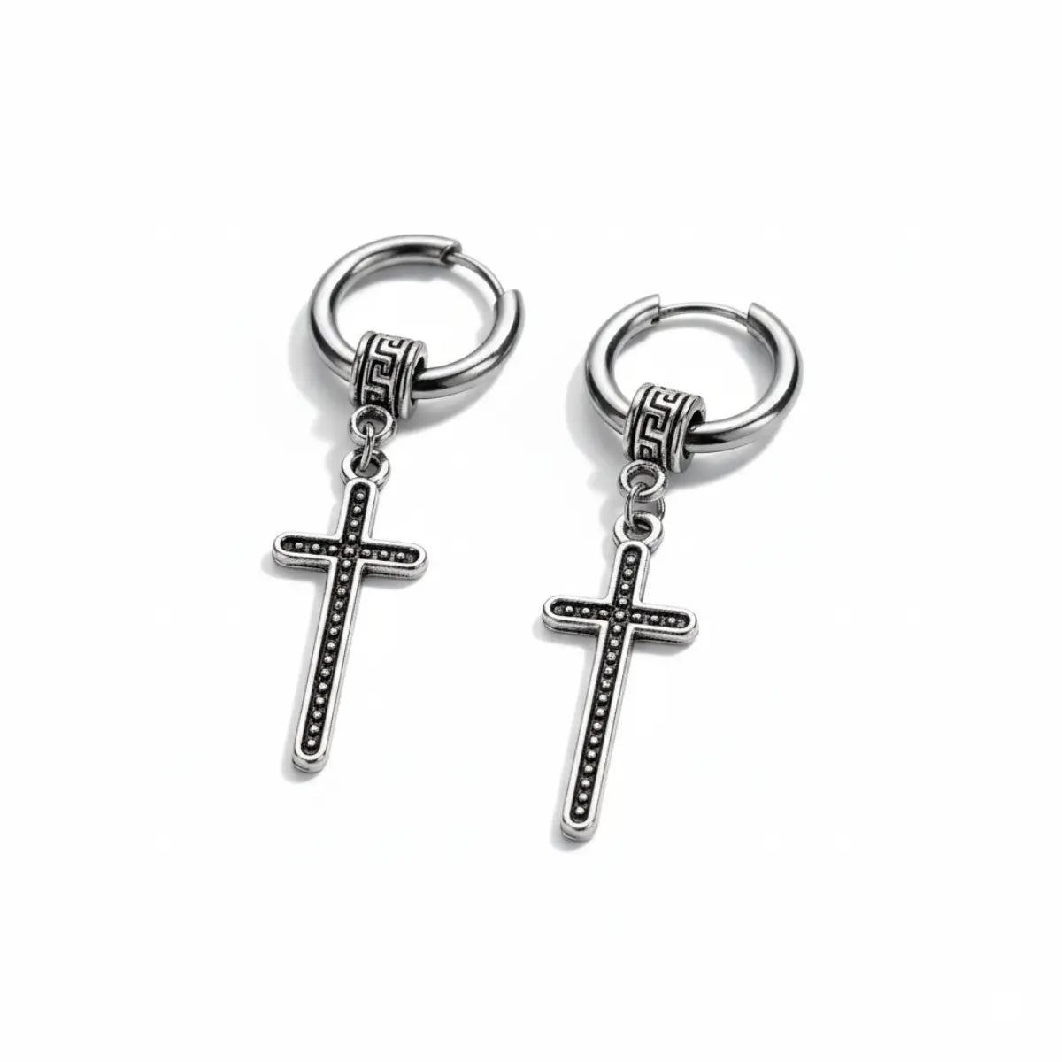 Greek Key Cross Dangle Earrings Front