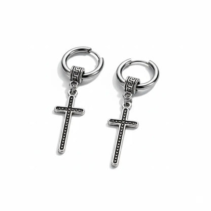 Greek Key Cross Dangle Earrings Front