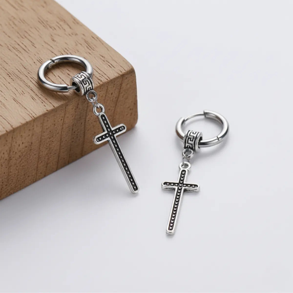 Greek Key Cross Dangle Earrings Side