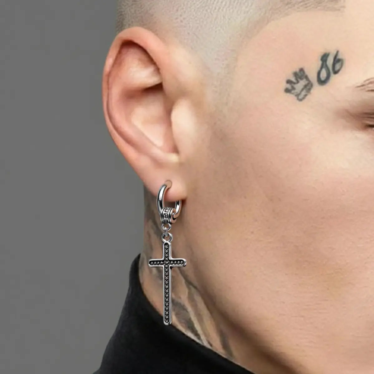 Greek Key Cross Dangle Earrings Worn by Male Model