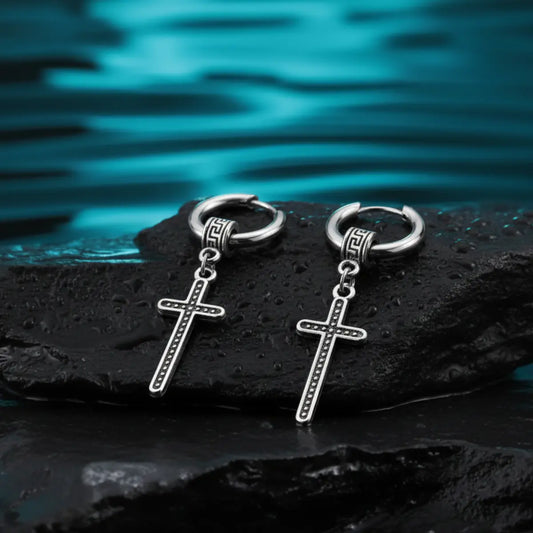 Greek Key Cross Dangle Earrings