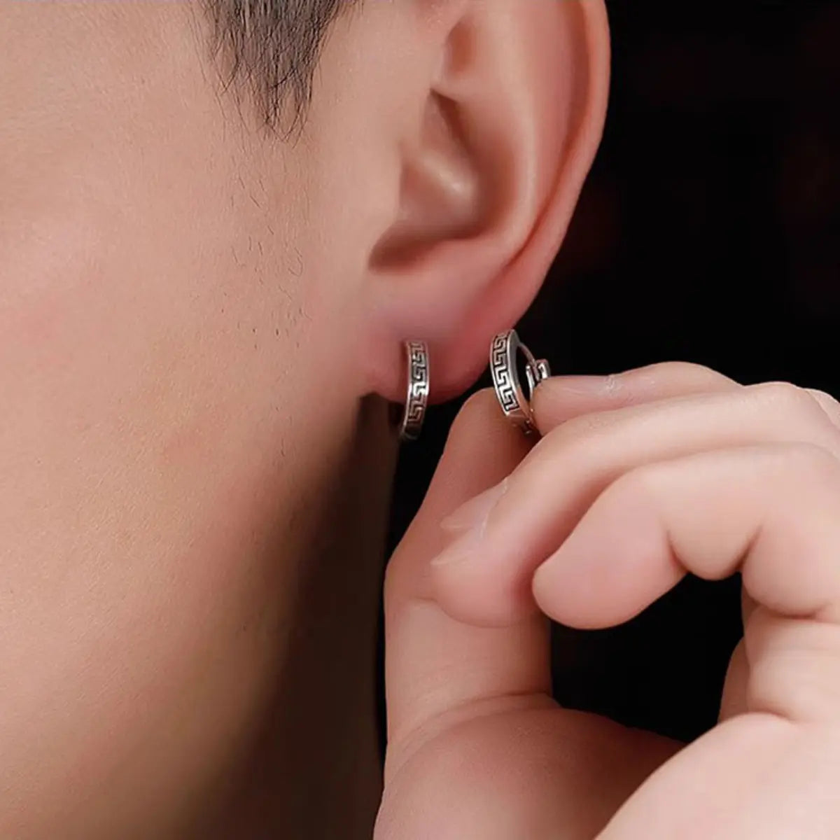 Greek Key Hoop Earrings Silver Worn By Male Model