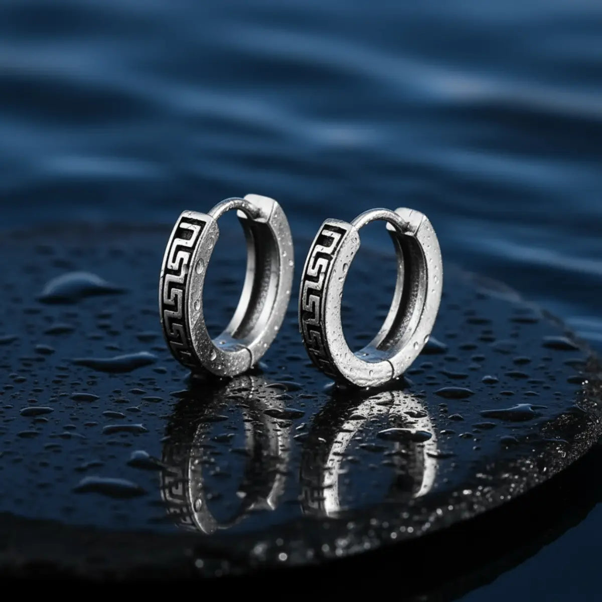 Greek Key Hoop Earrings Silver