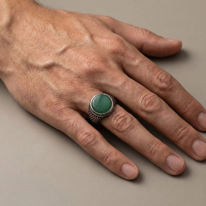 Green Aventurine Signet Ring Worn by Male Model Close Up