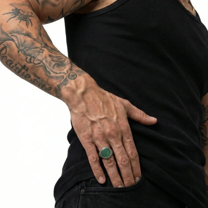 Green Aventurine Signet Ring Worn by Male Model