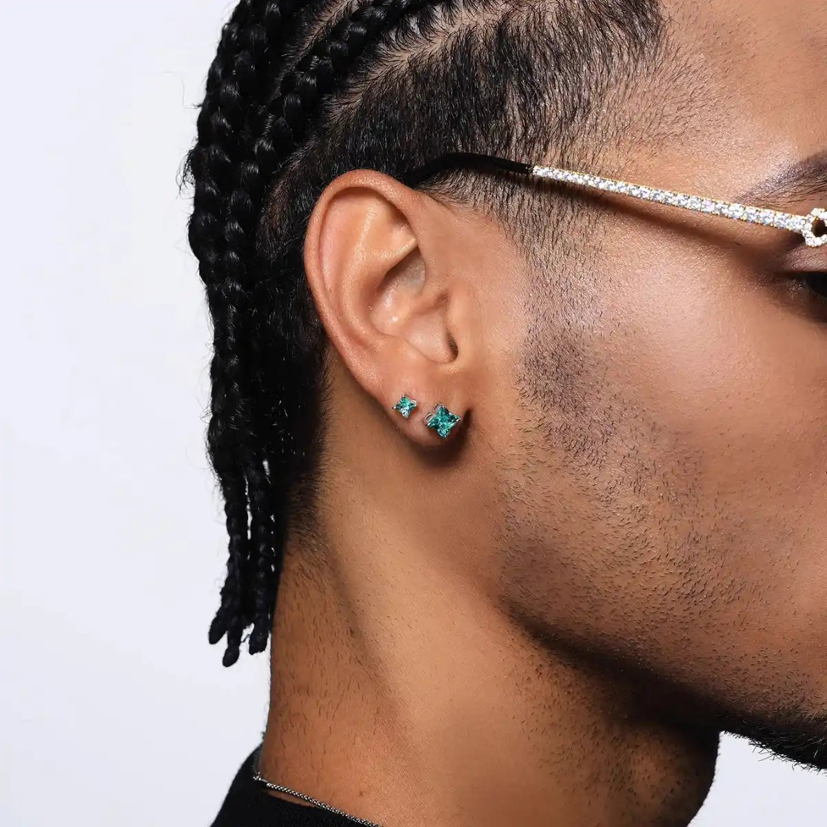 Green Diamond Stud Earrings Sterling Silver Front Worn by Male Model