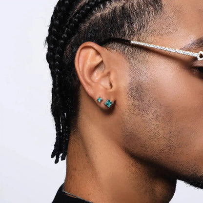 Green Diamond Stud Earrings Sterling Silver Front Worn by Male Model