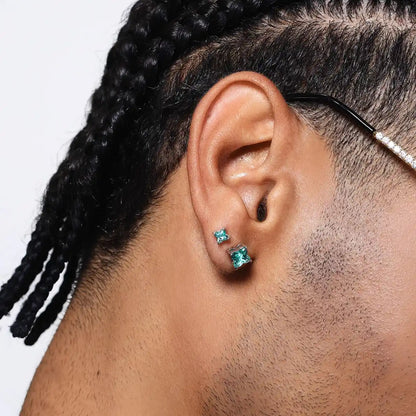 Green Diamond Stud Earrings Sterling Silver Worn by Male Model Close up