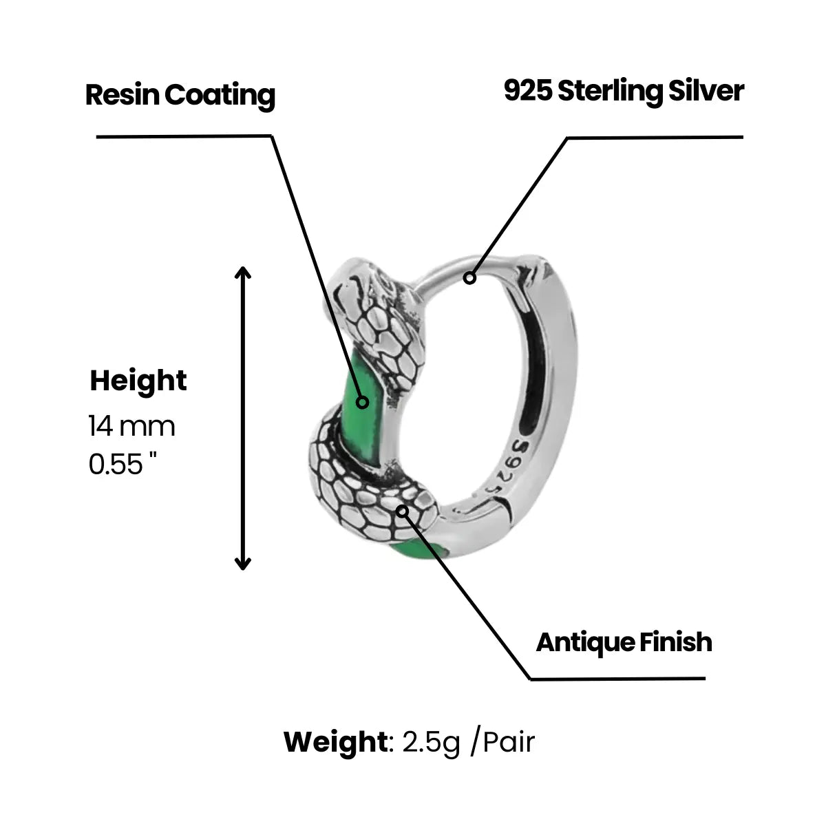 Green Enamel Snake Hoop Earrings Dimensions and Weight