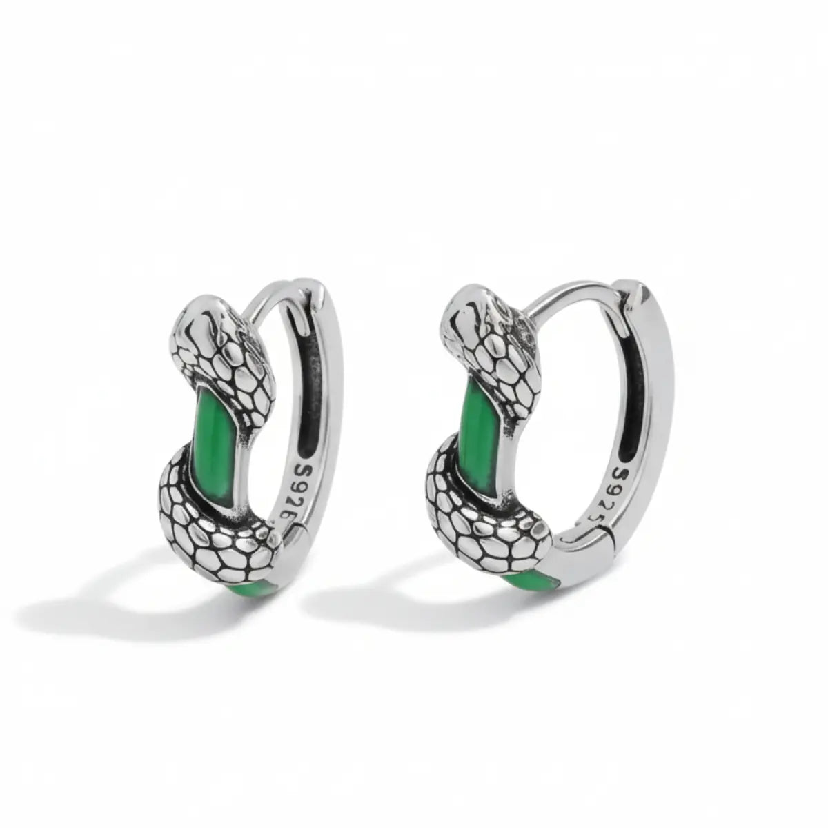 Green Enamel Snake Hoop Earrings Front