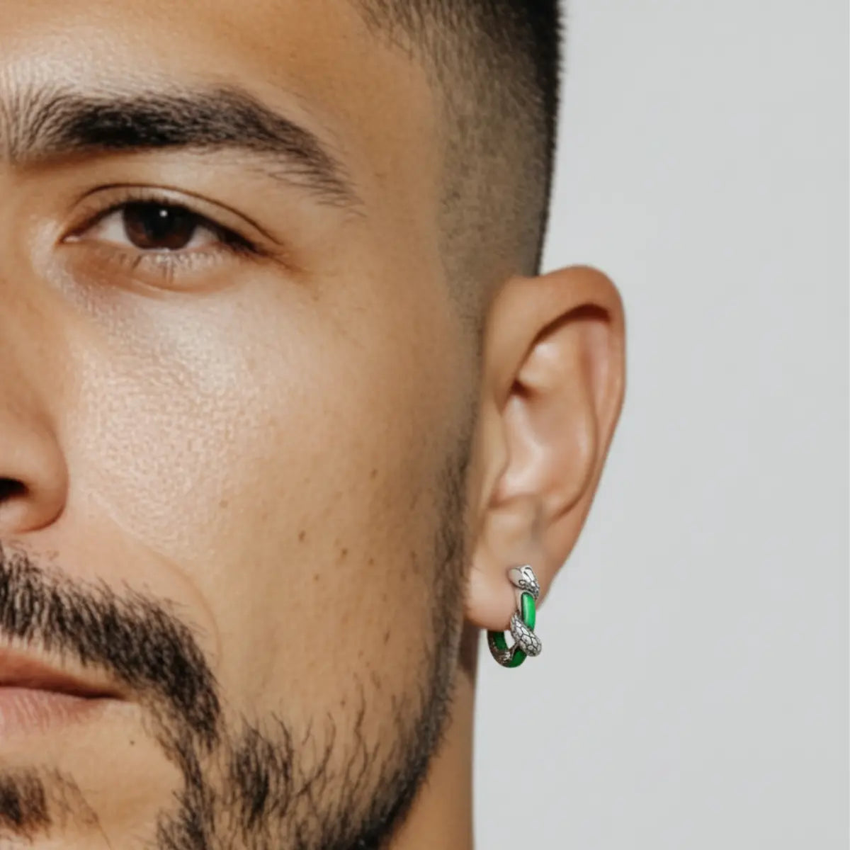 Green Enamel Snake Hoop Earrings Worn by Male Model