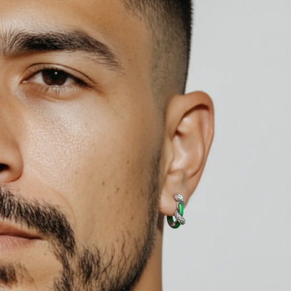 Green Enamel Snake Hoop Earrings Worn by Male Model