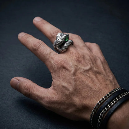 Green Eye Viper Ring Worn by Male Model