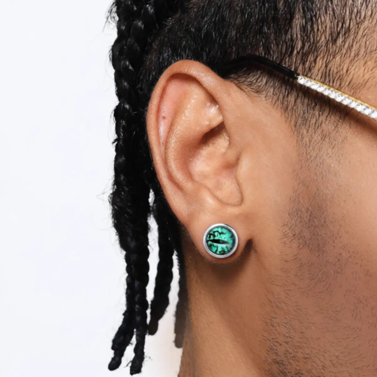 Green Eyeball Stud Earrings Worn by Male Model