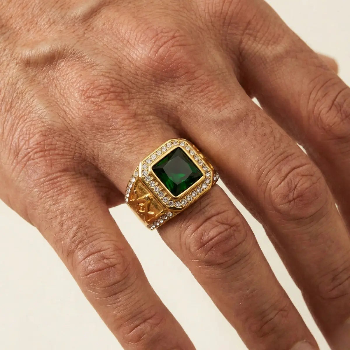 Green Masonic Ring Gold Worn by Male Model