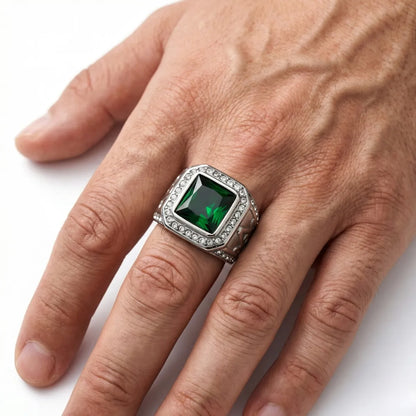 Green Masonic Ring Silver Worn by Male Model