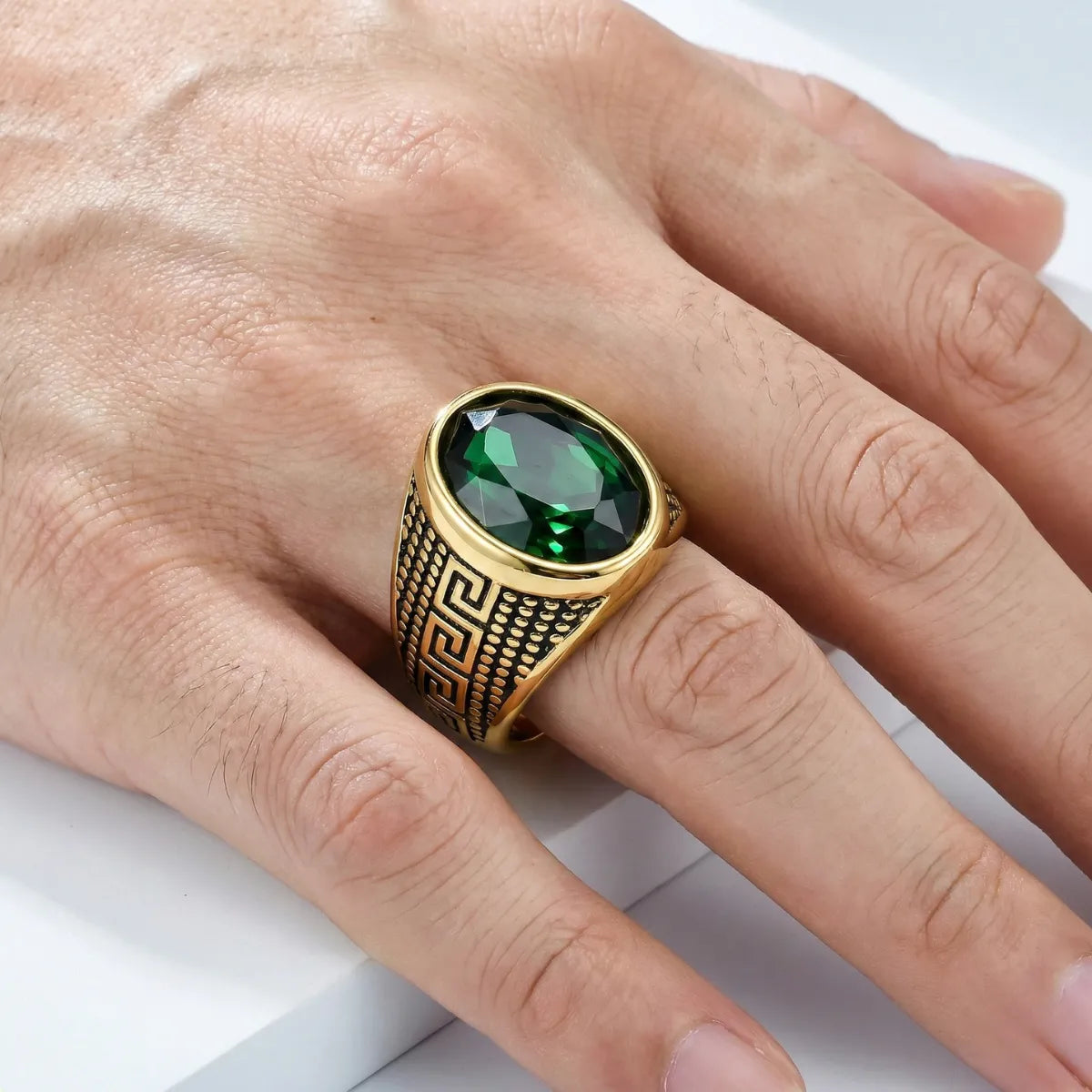 Green Stone Ring Gold Worn by Male Model