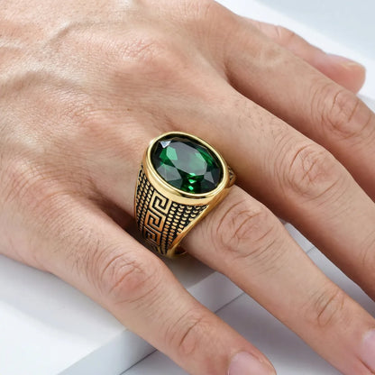 Green Stone Ring Gold Worn by Male Model